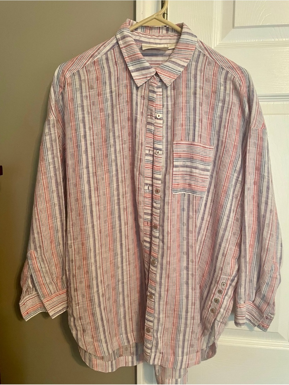 Anthropologie Maeve Breckenridge Oversized Red White Blue button up blouse sz sm